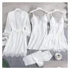 Vêtements de sommeil pour femmes y fl en dentelle en dentelle de pyjamas de soie blanche set femmes chiise mariée robe robe nightgown kimono bathrobe lingerie dr dhmg7