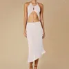 Casual jurken vrouwen breien strandjurk mouwloos halterneck backless holle asymmetrische zomer lange vakantie