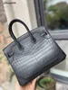 Women Brkns Handbag Genuine Leather 7A Handswen Misty Crocodile Skin Belly with 25CM Luxury BlackLSTI