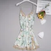 Women's Sleemberwear Print Silky Satin Nightgown Summer Femme Bobe Lingerie Sexy Sous-souche Salle de nuit