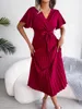 Party Dresses Women Pleated Midi Long Dress V Neck Short Flounce Sleeve Elegant Belted Big Hem Solid Color