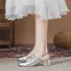 Sukienka buty kwadratowe japońskie skórzane sandały kobiety podwójne klamry pasek Mary Janes Slingback wysokie obcasy Silver Gladiator Sandalias Mujer