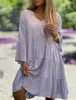 Robes décontractées 2024 Spring Women's Sweet European and American en V-colmes Couleur solide Flare à manches longues Robe en coton à manches longues