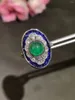 Klusterringar Natural Plain Emerald och Sapphire Ring 18K White Gold With Diamond Fine Women Jewelry Vintage