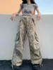 Damesjeans High Street American Style Wassed Baggy Women 2024 Modellen Drawstring Camouflage Pocket Losse en comfortabele lading Pant