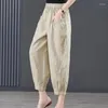 Calças femininas Moda bolsos de cor sólida Bloomers Roupas de cintura alta 2024 verão elástico solto casual cortado