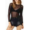 2024 Spring och Autumn Black Transparent Bottom Women's Long Seced Sexy Perspective Thin Mesh Super Elastic Yarn Shirt F41810