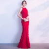 Ethnic Clothing Banquet Evening Party Dresses Fashion Fishtail Qipao Long Sexy Neck Hanging Wedding Dress Bride Toast Clothes Cheongsam