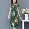 Casual klänningar vår sommar mode rund nacke cheongsam kort ärm kvinnor klänning tryck sexig vestidos de fiesta chic kvinnliga kläder