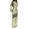 Casual Dresses Women Round Neck Dress Elegant Satin Maxi med långa horn ärmar för promfest mjuk andningsbar aftonklänning