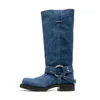 femmes talons en cuir élevé 2024 Véritable carré dames toed bouton cow-boy bottes longues de mariage jean jeans gladiateur décontracté la passerelle de podium plie chaussures siz 573