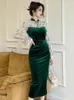 Casual Dresses Celebrity Vintage Prom Women Luxury Sexy Qipao Green Sheer Lace Hollow Folds Long Robe Party Cheongsam BanquetVestidos