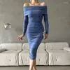 Casual Dresses Women Sexy Off Shoulder Draped Party Dress Long Sleeve Shawl Slim Fit Office Elegant Slash Neck Bodycon Midi