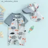 Jednoczęściowe letnie mody dziecięce Ochrona Ochrona Szybku kąpielowego Śliczny kreskówkowy ryba nadruk krótki rękawowy suwak kąpielowy z zestawem kapeluszu Q240418