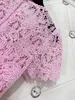 Designer Dress 2024 New Sakura Pink Lace Short Sleeves Round Neck High end Style Dress Beautiful Waist Wrap