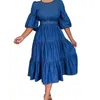 Casual Dresses Women Big Swing Dress Solid Color Elegant A-line Midi With Puff Sleeves Belted Waist Soft Patchwork Pleats For