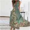 Robes décontractées Robe de créateurs pour femme vestidos vestido de mujer imprimé floral plongant élégant sans manches maxi féminine dhs3o