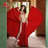 Scen Wear Belly Dance Performance Suit For Women Senior AB Stones Bra Satin Split Long Kjol 2st Oriental Dancing Outfit