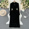 Casual Dresses Elegant Beading Midi Velvet For Women Long Sleeve Black Cocktail Party Dress 2024 Spring Fashion Vestido