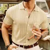 Herren lässige Hemden Herren gestrickt kurzärmelig Schleicher Fit Button-up-Stelltimen für Männer Sommer-Stricken Polo Streetwear