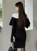 Casual Dresses Autumn Winter Knitted Black And White Splicing For Women Ladies Sweater Skinny Dress Mujer Vestidos Stretchy Clothes