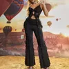 Kvinnors tvådelar Pants Edglulu Chic 2 Outfit Set Design Camisole Bh Top High midja Drawstring Lace-Up Flare Black Mesh Suit 0320