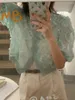 Blouses pour femmes Chic 3D Shirts floraux Plaid Blusas V-Col à col courte Camisas Single Breasted Ropa Mujer 2024 Tops d'été printemps