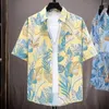 Camisas casuais masculinas Camisa curta de manga curta estampa de folha tropical com mangas colar de peito único para férias