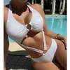 Women's Swimwear White Bikini Shiny Halter Bandage Push Up Swimsuit Brazilian Sexy Bikinis Sets Mujer Rings Beachwear Micro Bathing Suit