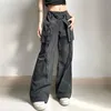 Y2K Long Pants Mid Waist Women Loose Cargo Pant Comfortable Black Solid Color Vintage Relaxed Fit Drawstring with Large Pockets 240417
