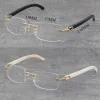 Wholesale Classic Styles Rimless Metal Frame Optical White Genuine Natural Buffalo Horn Eyeglasses 18K Gold Frame 3524012 Square Diamond cut Lens Eyewear Size:58