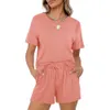 New Women's 2024 Casual Solid Short Sleeved Elastic Lace Up Pocket Shorts Set s