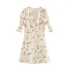 Abiti per feste in stile francese per donne 2024 Summer Puff Stampe Female Mini Abito Chic Slim Slim Vestido