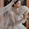 Gorgeous Ball Gown Wedding Dresses High Collar Long Sleeves Beads Sequins Appliques Lace Custom Made Sweep Train Bride