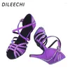 Chaussures de danse Dileechi Latin strassons violet flash satin fête salsa salon danse haut talon mince 8,5 cm