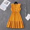 Casual Dresses Summer Yellow V-hals Ruffled Patchwork Lace Up Dress Women Solid Color Sleeveless A-Line Bohemian Mini 2024