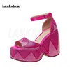 Sandaler Rose Red Luxury Rhinestone Round Toe Tjock Bottom Wedge Ankle Strap Platform Stor storlek 35-43 Hollow For Women