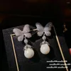 Boucles d'oreilles en peluche 2024 mode 925 Silver Luxury Freshwater Pearl Butterfly Drop For Women Dazzling Zircon Wedding Sangles Bijoux