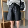 Women's Pants Seoulish Black Faux PU Leather Shorts 2024 Autumn Winter Washed High Waist Wide Leg Loose Female Trousers