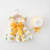 Girl Dresses Girls' Pleated Sleeves Summer Dress 2 Pieces Of Fruit Pattern Printed Princess Big Bow And Hat Set