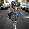 Mens T-shirt Long Pants Tracksuit American Flag 3D Print T Shirts Trousers Set 2 Pieces Streetwear Overdized Sportswear 240407