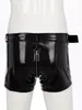 Short masculin Hommes humide look cuir breveté avec ceinture pantalon boxeur en latex Sexy Bulge Pouche Hipster Trunks Motorcycle