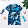 One-Pieces Baby boy summer swimsuit shark print short sleeved zippered jumpsuit for childrens casual swimwear beach wear Q240418