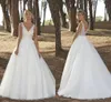 Plus Size v Neck A Line Wedding Dresses Romantic Tulle Lace proho Boho Rustic Country Downs Sweep Train Open Back Sexy Bride Women De Mariee Cl3378