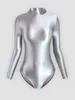 Portez des femmes adultes gymnastique artistique bodySuit à sauts en forme de soie brillante huile lisse brillante brillant haut de taille élastique sport yoga top