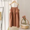 Flickans klänningar 55% linne 45% Viscose Girls Fashion Summer Dress Casual Strapless Button Dress for Kids Girl TZ25 Q240418