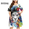 Casual Dresses 2024 Summer Women's Dress Tie Dye Lion Print Short Sleeve Oversized Retro Y2k Clothing Harajuku Female Vestidos