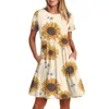 Casual Dresses Women's Fashion Round Neck Short Sleeve Printed Midi Dress with Pocket Vestidos Verano Moda 2024 Para Mujer