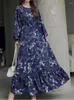 Vestidos casuais vestido longo muçulmano com cabeça de pulôver floral e cintura de manga fechando