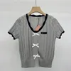 Spring/summer new miu home age reduction bow lace stitching round neck short sleeve knitted T-shirt women